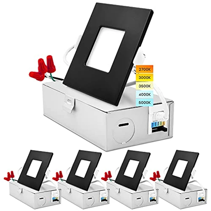 LUXRITE 3 Inch Square Ultra Thin LED Recessed Light with J-Box, 8W, 5 Color Options 2700K | 3000K | 3500K | 4000K | 5000K, Dimmable Wafer Light, 540 Lumens, Black Trim, Energy Star, IC Rated (4 Pack) by LUXRITE - Image 1