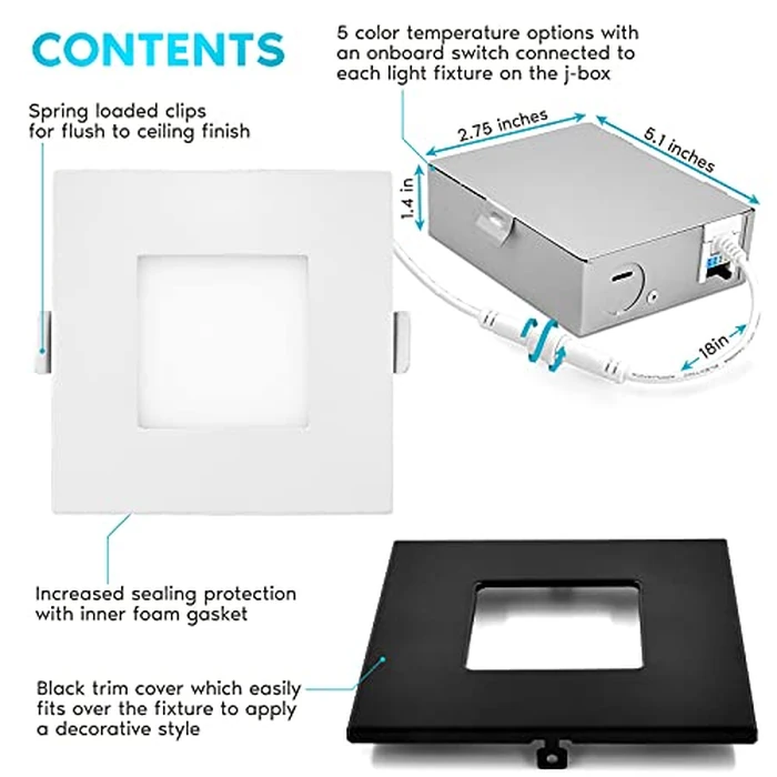 LUXRITE 3 Inch Square Ultra Thin LED Recessed Light with J-Box, 8W, 5 Color Options 2700K | 3000K | 3500K | 4000K | 5000K, Dimmable Wafer Light, 540 Lumens, Black Trim, Energy Star, IC Rated (4 Pack) by LUXRITE - Image 3