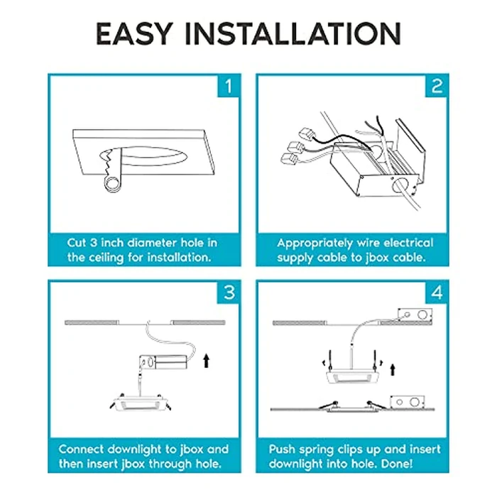 LUXRITE 3 Inch Square Ultra Thin LED Recessed Light with J-Box, 8W, 5 Color Options 2700K | 3000K | 3500K | 4000K | 5000K, Dimmable Wafer Light, 540 Lumens, Black Trim, Energy Star, IC Rated (4 Pack) by LUXRITE - Image 7