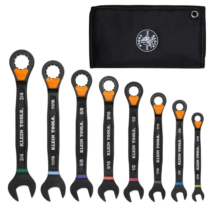 KLEIN TOOLS 69508 SAE Ratcheting Combination Wrench Set, 8-Piece, Slide-Lock 90-Tooth Ratchet, I-Beam Handle, Color-Coded Size Markings, Roll Pouch Storage by KLEIN TOOLS - Used - Like New condition