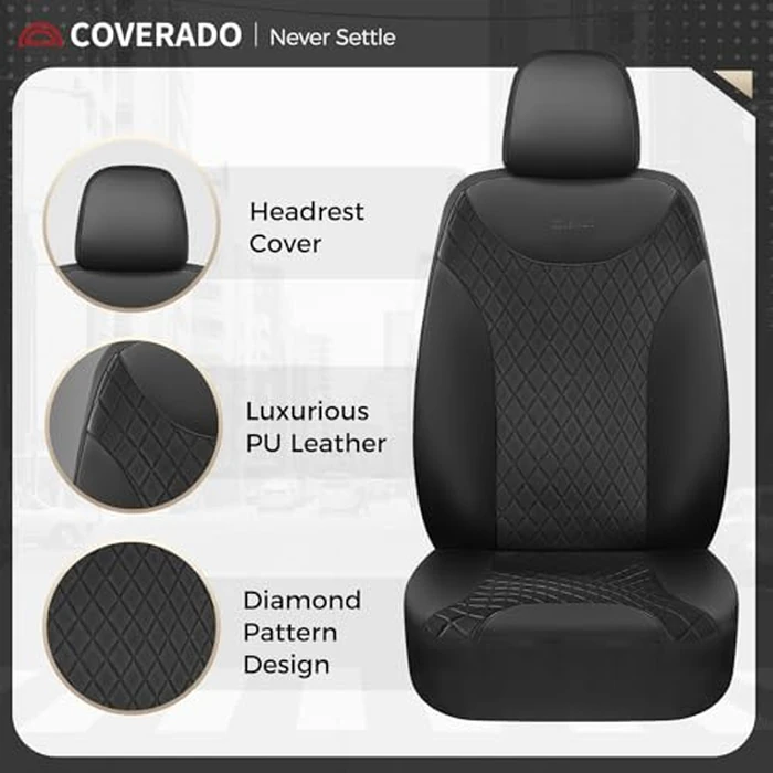 Coverado Seat Covers Full Set, 5 Seat Black Car Seat Covers, Leather Car Seat Protectors, Automotive Front and Back Seat Covers, Waterproof Car Seat Cushions Universal Fit for Most Sedan, SUV, Truck by Coverado - Image 3
