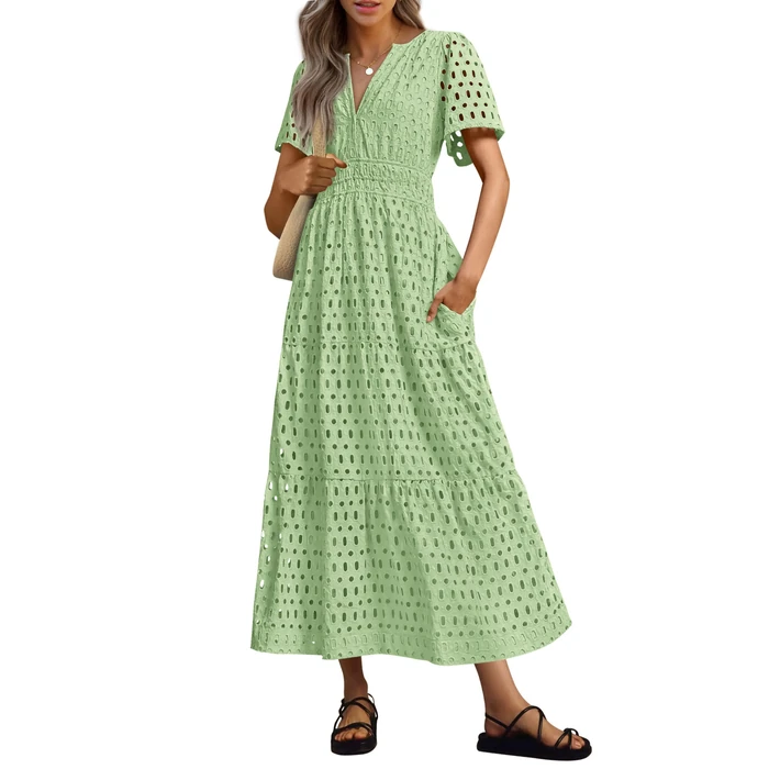 PRETTYGARDEN Womens 2026 Summer Maxi Dress Short Sleeve V Neck Hollow Out Eyelet A Line Long Flowy Beach Vacation Dresses (Bean Green,Small) by PRETTYGARDEN - Used - Like New condition