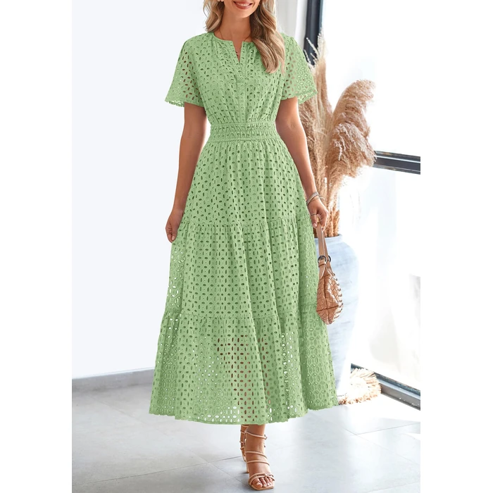 PRETTYGARDEN Womens 2026 Summer Maxi Dress Short Sleeve V Neck Hollow Out Eyelet A Line Long Flowy Beach Vacation Dresses (Bean Green,Small) by PRETTYGARDEN - Image 2