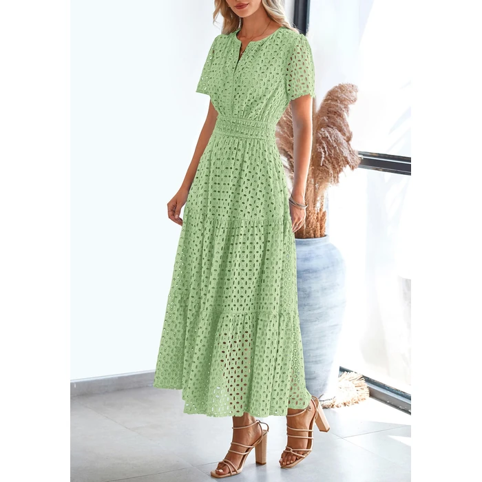 PRETTYGARDEN Womens 2026 Summer Maxi Dress Short Sleeve V Neck Hollow Out Eyelet A Line Long Flowy Beach Vacation Dresses (Bean Green,Small) by PRETTYGARDEN - Image 3