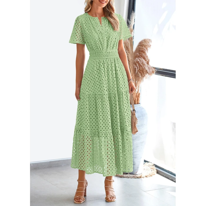 PRETTYGARDEN Womens 2026 Summer Maxi Dress Short Sleeve V Neck Hollow Out Eyelet A Line Long Flowy Beach Vacation Dresses (Bean Green,Small) by PRETTYGARDEN - Image 4