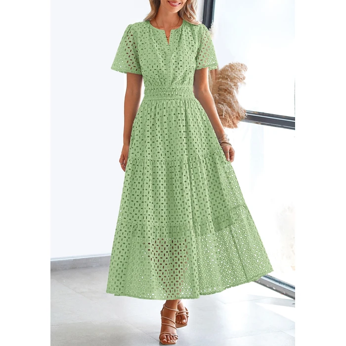 PRETTYGARDEN Womens 2026 Summer Maxi Dress Short Sleeve V Neck Hollow Out Eyelet A Line Long Flowy Beach Vacation Dresses (Bean Green,Small) by PRETTYGARDEN - Image 5