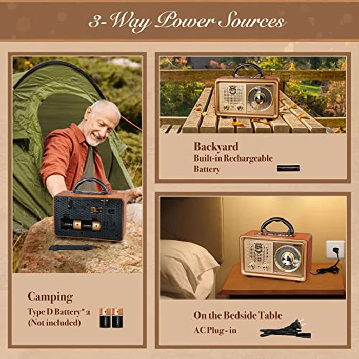 PRUNUS J-110 Radio Portable AM FM, for Mom,Transistor Radio Plug in Wall AC Power & Battery Powered & Rechargeable for Emergency,Vintage Radio with Bluetooth, Gift for Mom by PRUNUS - Image 3