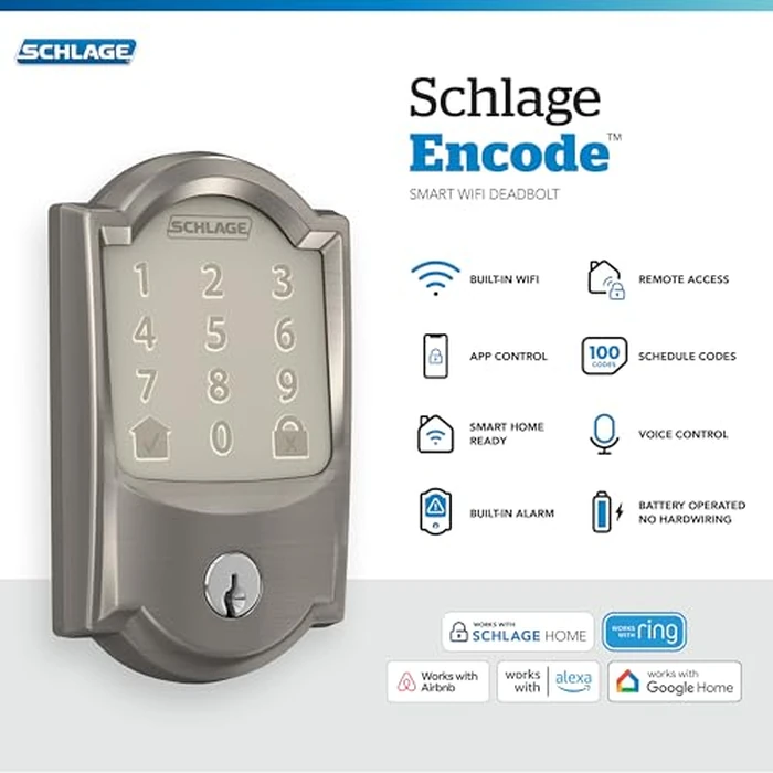 Schlage Encode Smart Wi-Fi Deadbolt Lock with Touchscreen Keypad, Keyless Front Door Entry, App Control, Alexa, Google Home and Airbnb Compatible, Satin Nickel, BE489WB CAM 619 by SCHLAGE - Image 2