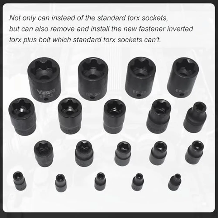 Yuesstloo Torx Plus Socket Set, External Torx Plus 6 Point EP Socket EP4 - EP32 19Pcs With 1/2'' 3/8'' 1/4'' Dr, Replacement for E-TORX Socket Set, Works with Most Cars and Tesla by Yuesstloo - Image 4