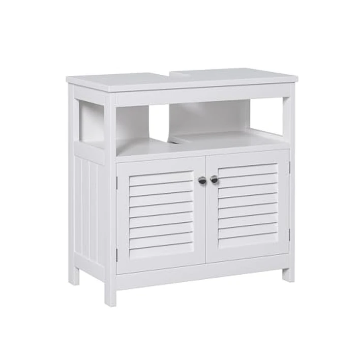 U-Shaped Under Sink Storage Cabinet with 2 Doors & Open Shelf, Freestanding Bathroom Vanity Organizer for Pedestal Sink, Water-Resistant MDF Cabinet for Toiletries & Cleaning Supplies, White by EVLIQUIL - Image 1