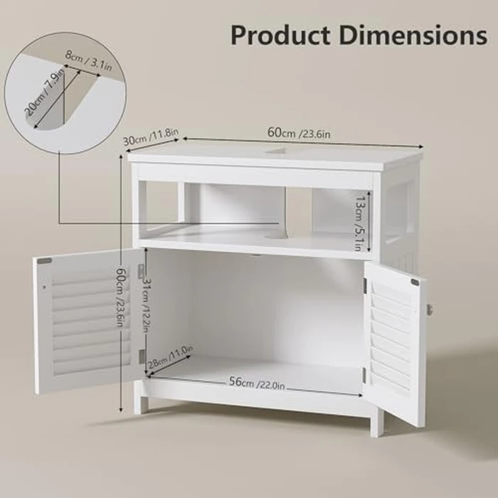 U-Shaped Under Sink Storage Cabinet with 2 Doors & Open Shelf, Freestanding Bathroom Vanity Organizer for Pedestal Sink, Water-Resistant MDF Cabinet for Toiletries & Cleaning Supplies, White by EVLIQUIL - Image 2