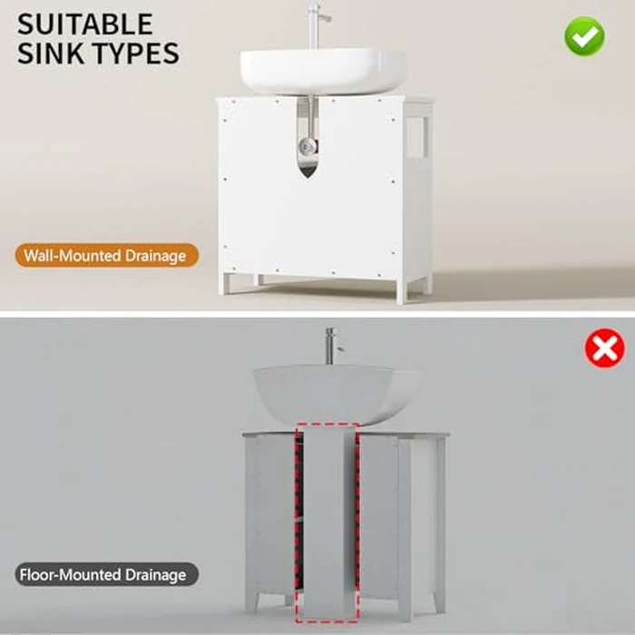 U-Shaped Under Sink Storage Cabinet with 2 Doors & Open Shelf, Freestanding Bathroom Vanity Organizer for Pedestal Sink, Water-Resistant MDF Cabinet for Toiletries & Cleaning Supplies, White by EVLIQUIL - Image 3