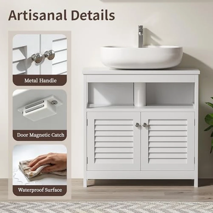 U-Shaped Under Sink Storage Cabinet with 2 Doors & Open Shelf, Freestanding Bathroom Vanity Organizer for Pedestal Sink, Water-Resistant MDF Cabinet for Toiletries & Cleaning Supplies, White by EVLIQUIL - Image 4