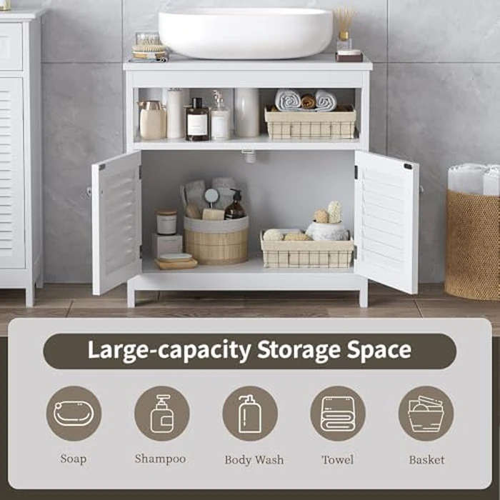 U-Shaped Under Sink Storage Cabinet with 2 Doors & Open Shelf, Freestanding Bathroom Vanity Organizer for Pedestal Sink, Water-Resistant MDF Cabinet for Toiletries & Cleaning Supplies, White by EVLIQUIL - Image 5