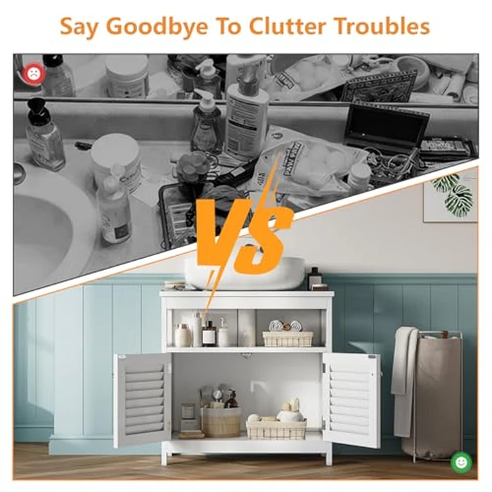 U-Shaped Under Sink Storage Cabinet with 2 Doors & Open Shelf, Freestanding Bathroom Vanity Organizer for Pedestal Sink, Water-Resistant MDF Cabinet for Toiletries & Cleaning Supplies, White by EVLIQUIL - Image 6