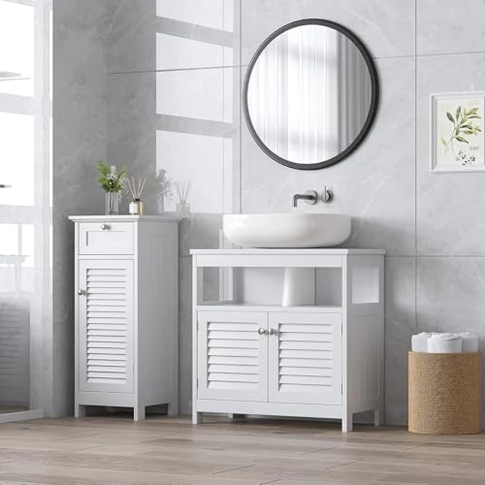 U-Shaped Under Sink Storage Cabinet with 2 Doors & Open Shelf, Freestanding Bathroom Vanity Organizer for Pedestal Sink, Water-Resistant MDF Cabinet for Toiletries & Cleaning Supplies, White by EVLIQUIL - Image 7