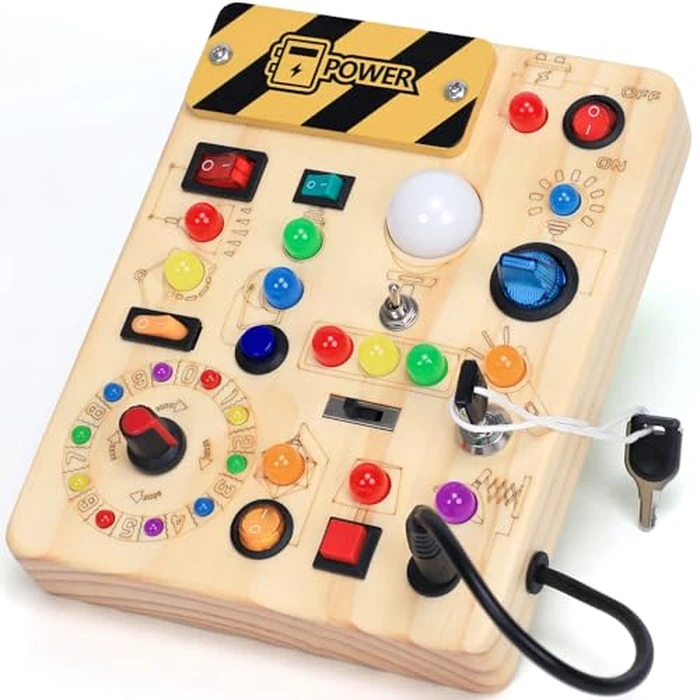 Busy Board with LED Light Switches, Montessori Toys for 1 2 3 Years Old, Toddlers Wooden Toy Sensory Activity Board, Travel Toys for 1+ Year Old Boy & Girl Birthday Gift by HarVow - Used - Like New condition - US$17.09