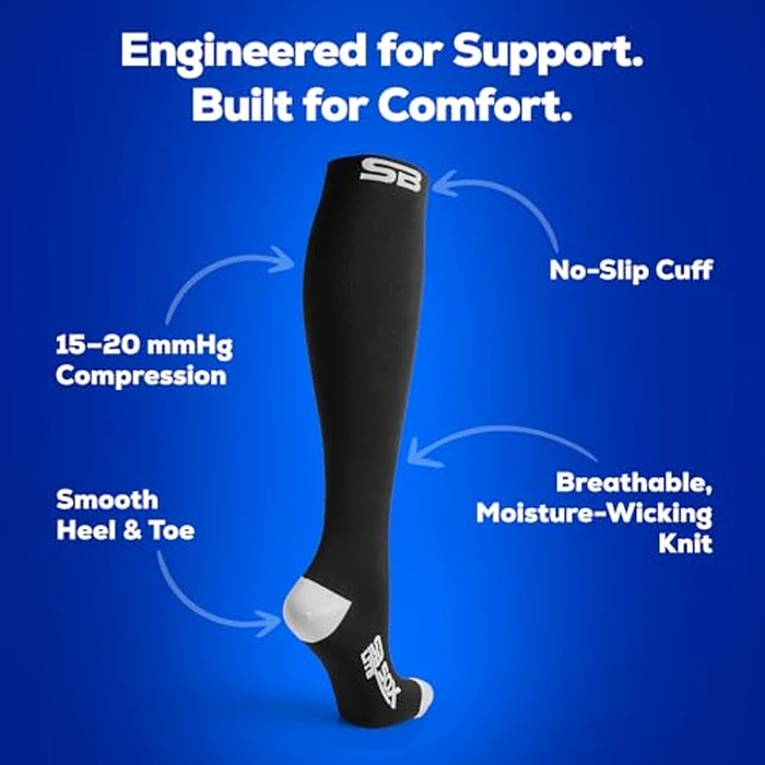 SB SOX Lite Compression Socks for Men & Women (15-20mmHg) - Best Compression Socks for Flying, Medical, Sports, Wide Calf Fit, and Daily Wear (Black/Purple, S/M) by SB SOX - Image 1