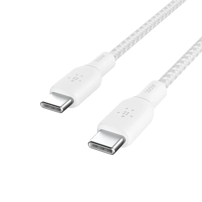 Belkin USB-C to USB-C Cable, BoostCharge Braided Power Cable (2M, 6.6ft), Fast Charging Cable w/ 100W Power Delivery, USB-IF Certified for iPhone 16, MacBook, Chromebook, Samsung Galaxy & More - White by Belkin - Image 1
