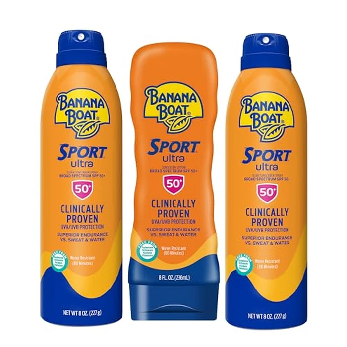 Banana Boat Sport Ultra SPF 50 Sunscreen Triple Pack | Includes 2 Sunscreen Sprays & 1 Lotion SPF 50, Sunblock, Water Resistant, Oxybenzone-Free, 8oz each (Pack of 3) by Banana Boat - Used - Like New condition - US$19.97
