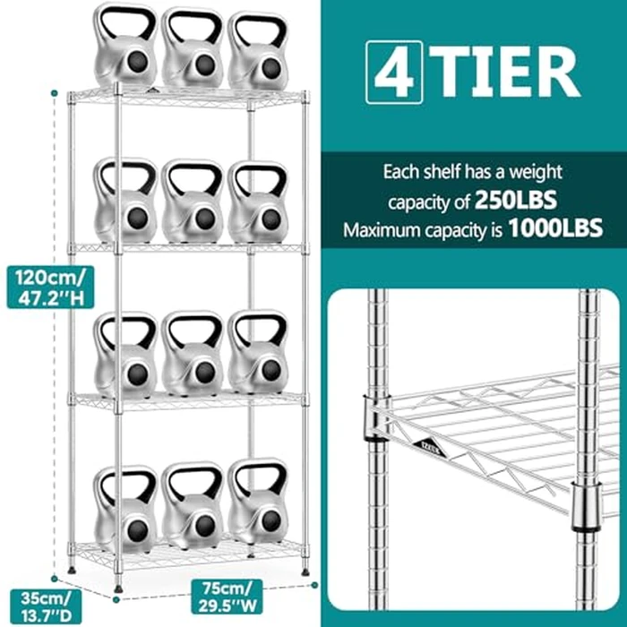 Storage Shelving Heavy Duty 4-Tier Utility Shelves Wire Rack for Home,Kitchen,Office,Chrome 1000 lbs (13.7" D x 29.5" W x 47.2" H) by IZEUK - Image 2