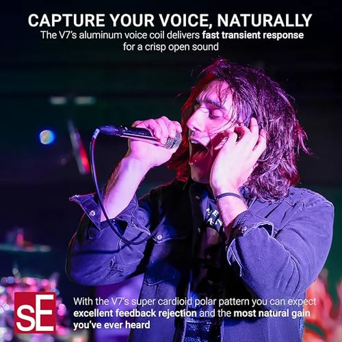 SE ELECTRONICS V7 Dynamic Microphone for Singing, Speech & Studio Recording - XLR Handheld Professional Microphone with Supercardioid Aluminum Voice Coil for Huge Gain Before Feedback - Black by SE ELECTRONICS - Image 4