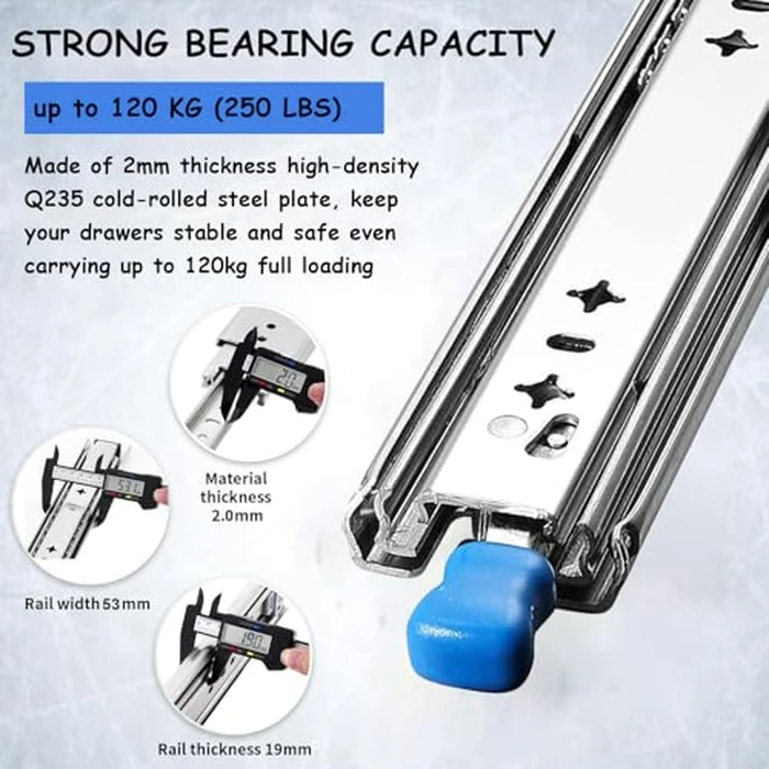 Heavy Duty Drawer Slides with Lock 38 Inch,3-Fold Full Extension Locking Drawer Slides 250 lbs Load Capacity Side Mount Ball Bearing Industrial Locking Rail 1 Pair(W:53mm, 38") by FCOUMY - Image 2