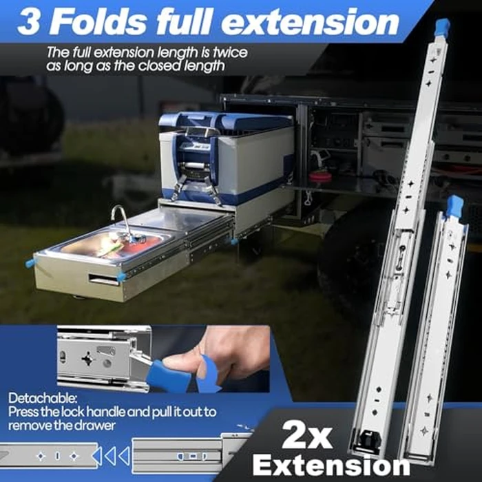 Heavy Duty Drawer Slides with Lock 38 Inch,3-Fold Full Extension Locking Drawer Slides 250 lbs Load Capacity Side Mount Ball Bearing Industrial Locking Rail 1 Pair(W:53mm, 38") by FCOUMY - Image 3