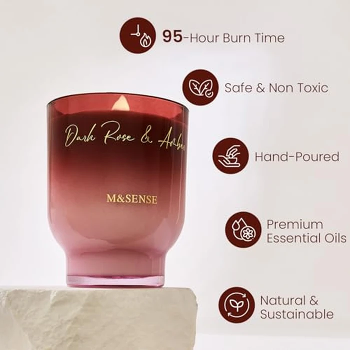 M&SENSE 16.6oz Natural Soy Large Jar Candle with Wooden Wick | Dark Rose Amber Scent | 95-Hour Burn & Long-Lasting Burn | Housewarming Gift for Men and Women by M&SENSE - Image 2