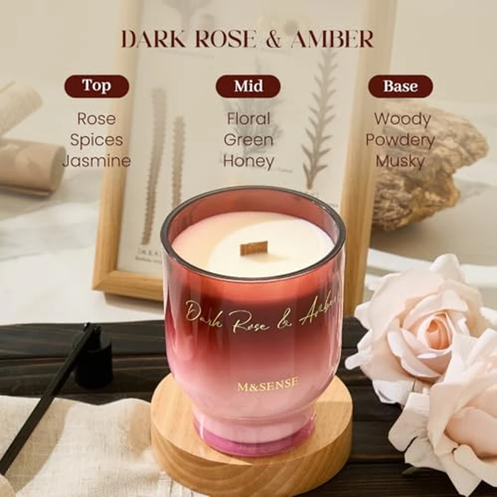 M&SENSE 16.6oz Natural Soy Large Jar Candle with Wooden Wick | Dark Rose Amber Scent | 95-Hour Burn & Long-Lasting Burn | Housewarming Gift for Men and Women by M&SENSE - Image 3