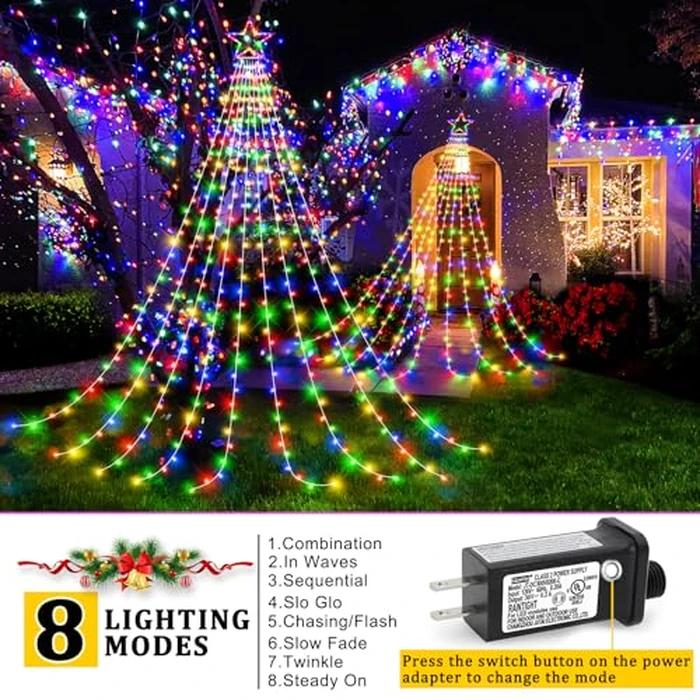 Nielfoi 12FT 344 LED Christmas Tree Lights, Plug in Waterfall String Lights with Topper Star, Waterproof 8 Modes Outdoor Christmas Decorations for Indoor House Patio Yard Lawn Holiday, Multicolor by Nielfoi - Image 2