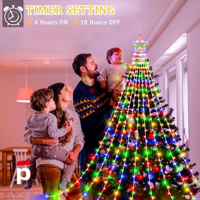 Nielfoi 12FT 344 LED Christmas Tree Lights, Plug in Waterfall String Lights with Topper Star, Waterproof 8 Modes Outdoor Christmas Decorations for Indoor House Patio Yard Lawn Holiday, Multicolor by Nielfoi - Image 3