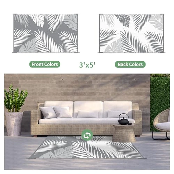 GENIMO Outdoor Rug 3' x 5' Waterproof for Patios Clearance, Reversible Outdoor Plastic Straw Camping Rug Carpet, Large Area Rugs Mats for RV, Camper, Deck, Balcony, Porch, Beach, Picnic, Grey&White by GENIMO - Image 2