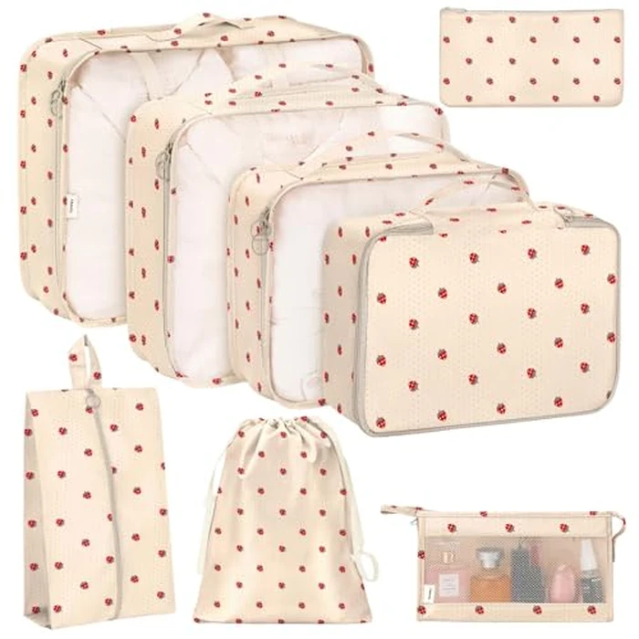 KPX 8 Set Packing Cubes for Travel, Luggage Packing Organizers Accessories Large Toiletries Bag for Clothes Shoes Cosmetics (8Set-Beige Strawberry) by KPX - Image 1