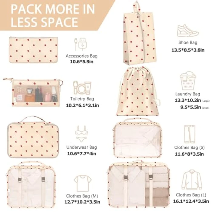 KPX 8 Set Packing Cubes for Travel, Luggage Packing Organizers Accessories Large Toiletries Bag for Clothes Shoes Cosmetics (8Set-Beige Strawberry) by KPX - Image 2