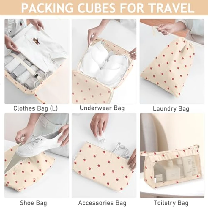 KPX 8 Set Packing Cubes for Travel, Luggage Packing Organizers Accessories Large Toiletries Bag for Clothes Shoes Cosmetics (8Set-Beige Strawberry) by KPX - Image 4