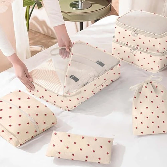 KPX 8 Set Packing Cubes for Travel, Luggage Packing Organizers Accessories Large Toiletries Bag for Clothes Shoes Cosmetics (8Set-Beige Strawberry) by KPX - Image 6