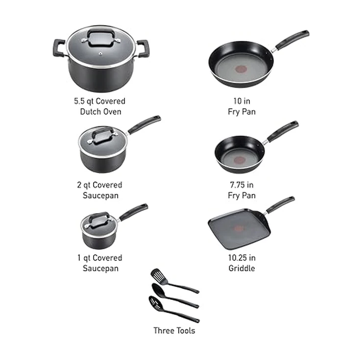 T-Fal Signature Nonstick Pots and Pans Set 12 Piece, Oven Broiler Safe 350F, Kitchen Cookware Set w/Fry Pans, Saucepans, Saute Pan, Dutch Oven, Griddle, Kitchen, Home, Dishwasher Safe, Black by T-Fal - Image 2