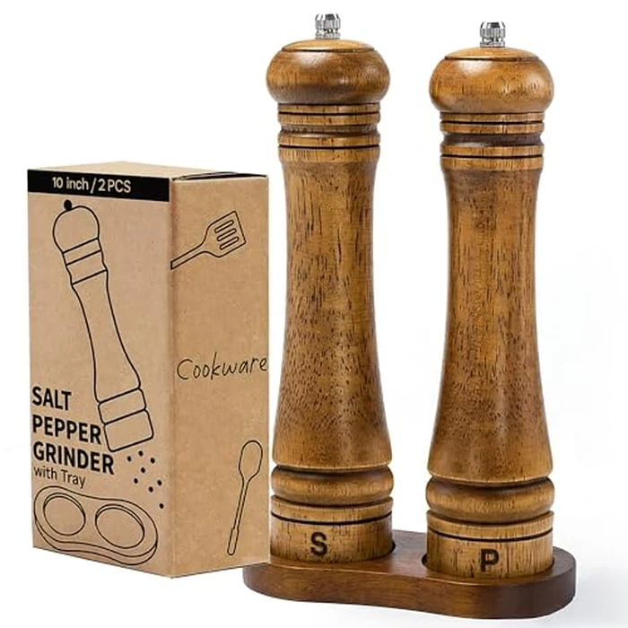 M JINGMEI Wooden Salt and Pepper Grinder Set, Premium Oak Wood Salt Grinders Shakers, Pepper Mill with S and P Engraving, Adjustable Ceramic Grinder (10″ - 2 Packs with Tray) by M JINGMEI - Image 1