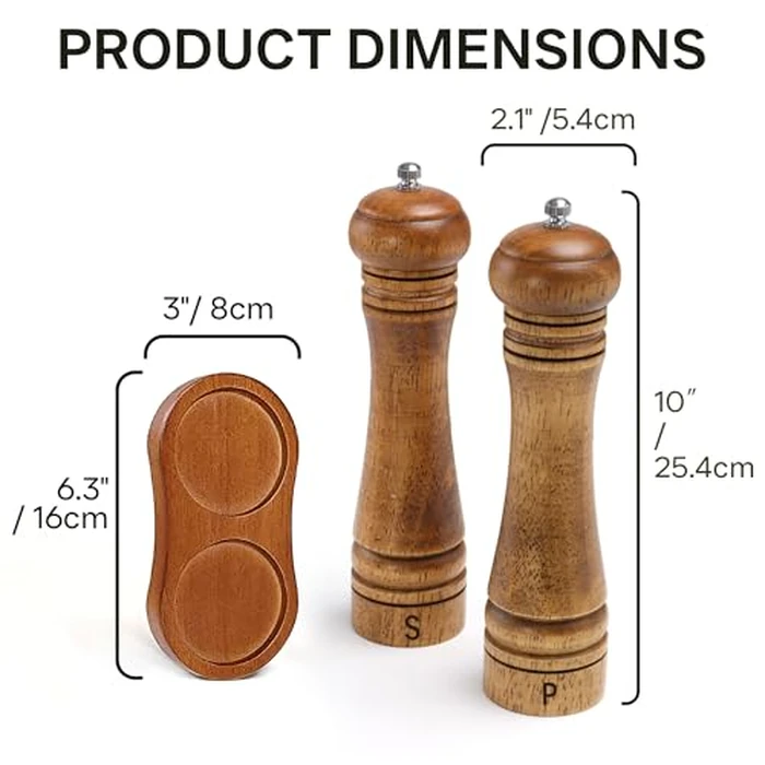 M JINGMEI Wooden Salt and Pepper Grinder Set, Premium Oak Wood Salt Grinders Shakers, Pepper Mill with S and P Engraving, Adjustable Ceramic Grinder (10″ - 2 Packs with Tray) by M JINGMEI - Image 3