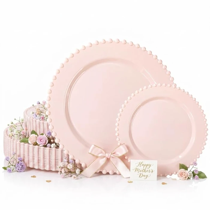 U-QE 60PCS Pink Plastic Plates - Heavy Duty Beaded Pink Disposable Plates for Mothers Day, Party, Baby Shower, Wedding - Serving 30 Guests Include 30PCS 10inch Dinner Plate & 30PCS 7inch Dessert Plate by U-QE - Used - Very Good condition