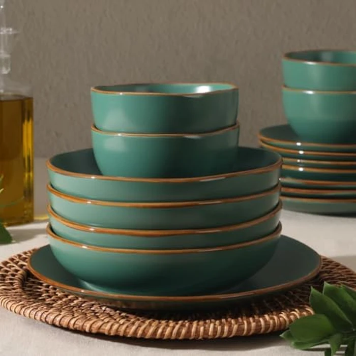 Gibson Home Hazeltine 16-Piece Green Stoneware Dinnerware Set - Plates and Bowls, Durable Ceramic Kitchen Dinner Set by Gibson Home - Image 4
