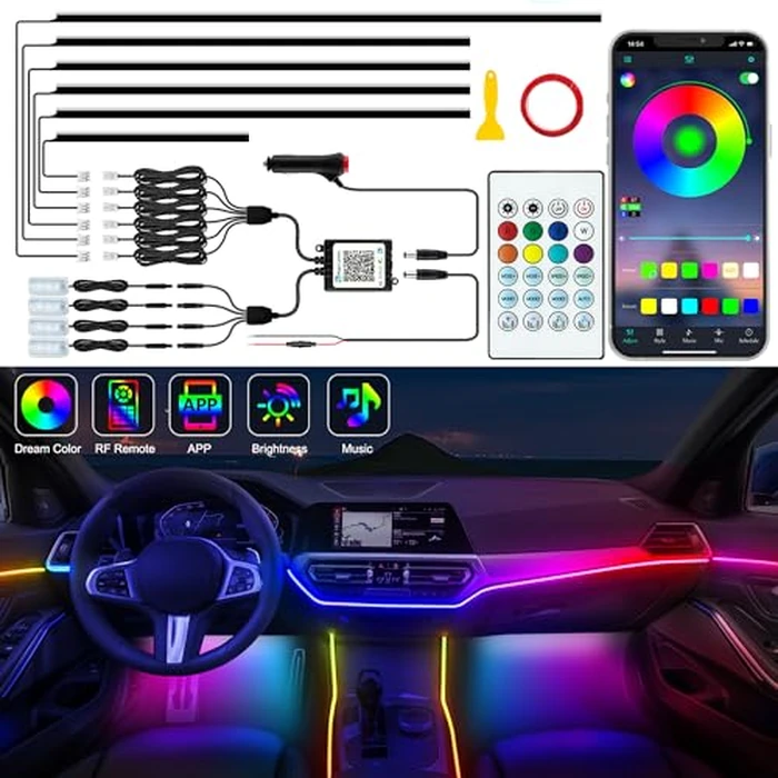 Jushope Interior Car LED Strip Lights, Acrylic LED Lights for Car with Dynamic Dreamcolor Chasing, Ambient Lighting Kits Music Sync Wireless APP and RF Remote Control (10 in 1) by Jushope - Used - Very Good condition