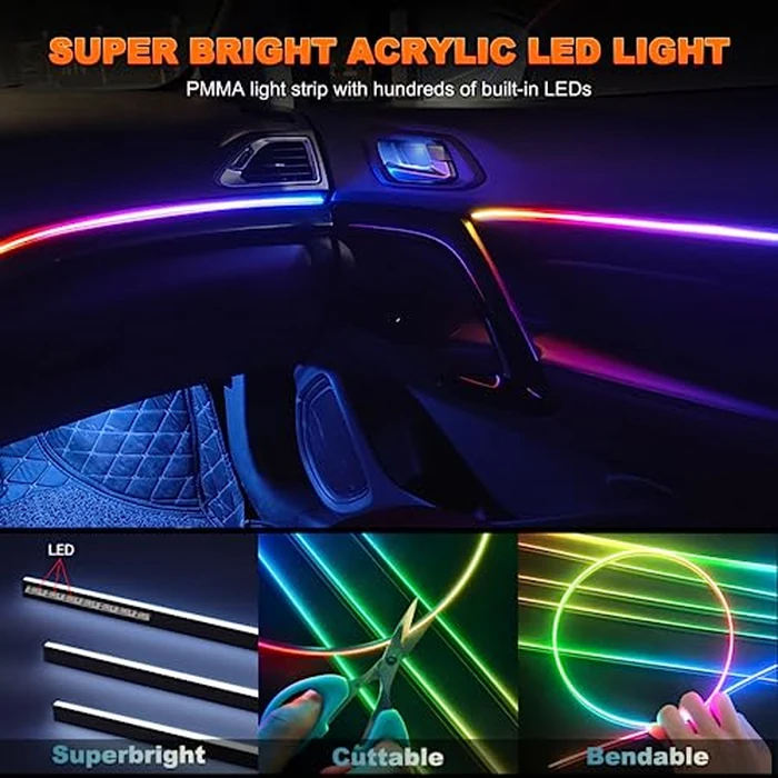 Jushope Interior Car LED Strip Lights, Acrylic LED Lights for Car with Dynamic Dreamcolor Chasing, Ambient Lighting Kits Music Sync Wireless APP and RF Remote Control (10 in 1) by Jushope - Image 3