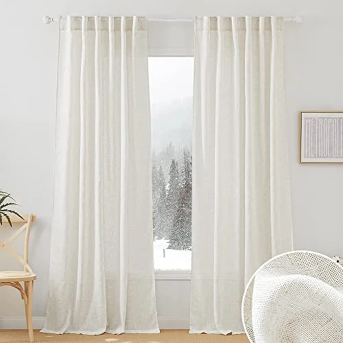 RYB HOME Semi Sheer Curtains - Linen Blend Privacy Curtains Sheer Window Treatment Drapes Farmhouse Decor for Bedroom Living Room Sliding Glass Door, 52 inch Wide x 95 inch Long 2 Panels, Linen by RYB HOME - Used - Very Good condition - US$27.88