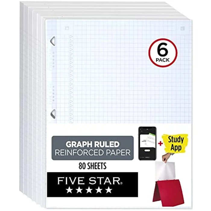 Five Star Loose Leaf Paper + Study App, 6 Pack, Notebook Paper, Graph Ruled Paper, 8-1/2" x 11", 80 Sheets per Pack, Reinforced Filler Paper, Fights Ink Bleed (170028) by Five Star - Used - Like New condition - CA$31.17
