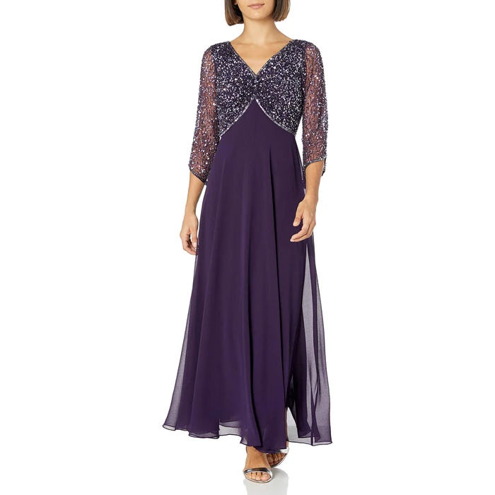 J Kara womens Petite 3/4 Sleeve V- Neck Beaded Top Long Gown Special Occasion Dress, Plum/Mercury, 8 Petite US by J Kara - Used - Like New condition