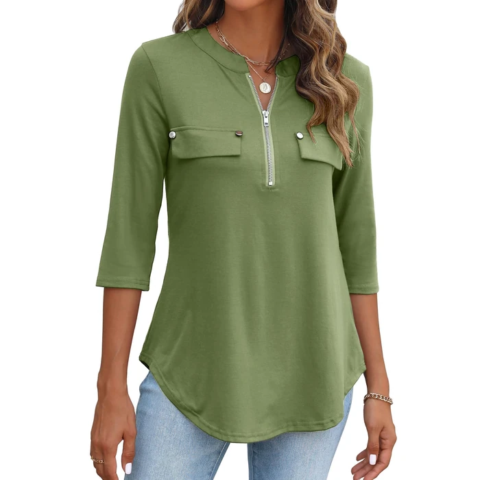 Halife Women's 3/4 Sleeve Tunic Tops Zip V Neck Summer Casual Blouses for Work Professional Olive XL by Halife - Used - Like New condition - US$20.80