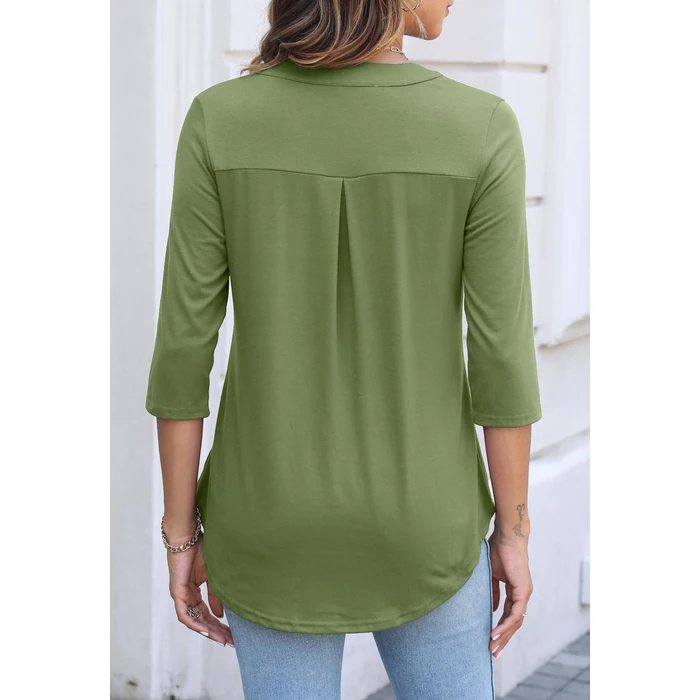 Halife Women's 3/4 Sleeve Tunic Tops Zip V Neck Summer Casual Blouses for Work Professional Olive XL by Halife - Image 4