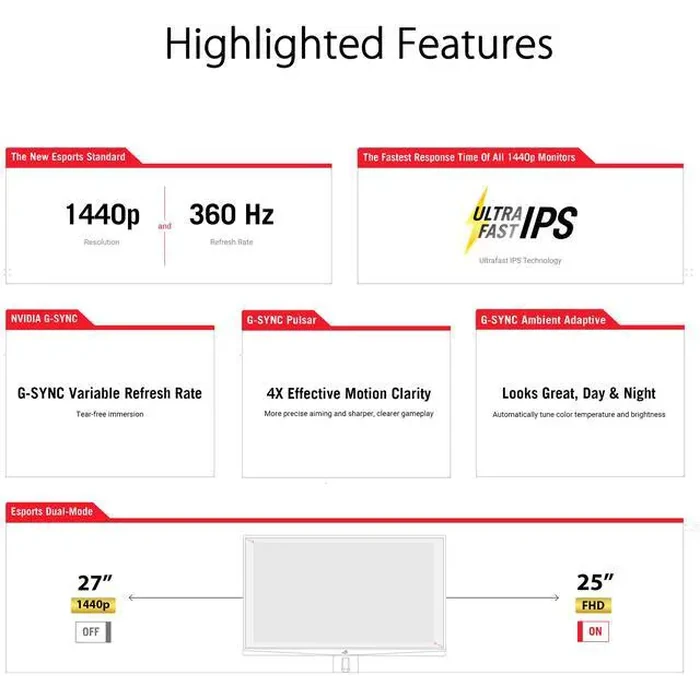ASUS ROG STRIX 27" QHD 2K 1440P 360Hz DUAL MODE to 25" Full HD IPS AMD FreeSync Premium & G-Sync Pulsar Technology HDR400 with Height Adjustable, by ASUS - Image 6